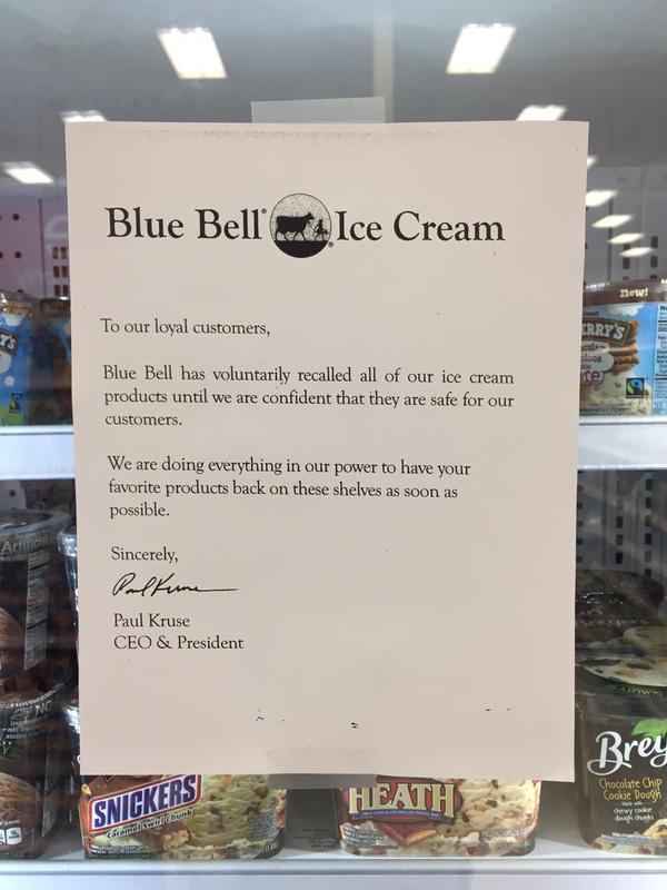 Photo: A sign on a grocery store freezer door from Blue Bell addressing the recall. Photo courtesy of Chris Hall.