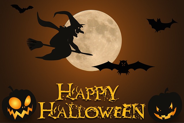 Image: Happy Halloween graphic of a witch flying on a broomstick over a full moon with bats. Photo courtesy of pixabay.com.