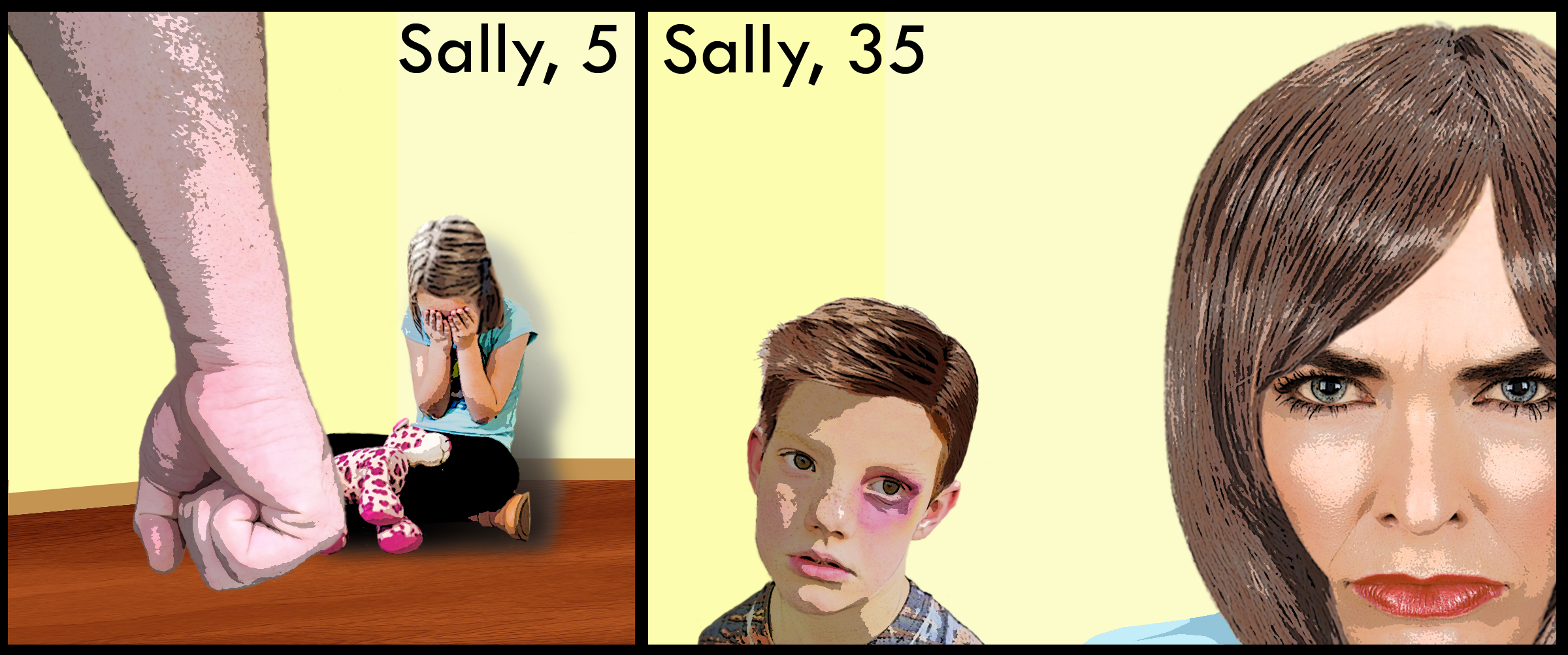Editorial cartoon: A frightened, little girl sits in the corner of a room with her hands on front of her face while a man approaches with his fist clenched. The picture reads, “Sally, age 5.” The second graphic shows an angry woman facing the viewer and a small boy with a black eye behind her. It reads, “Sally, age 35.” Graphic illustrated by The Signal reporter Sarah Wylie.