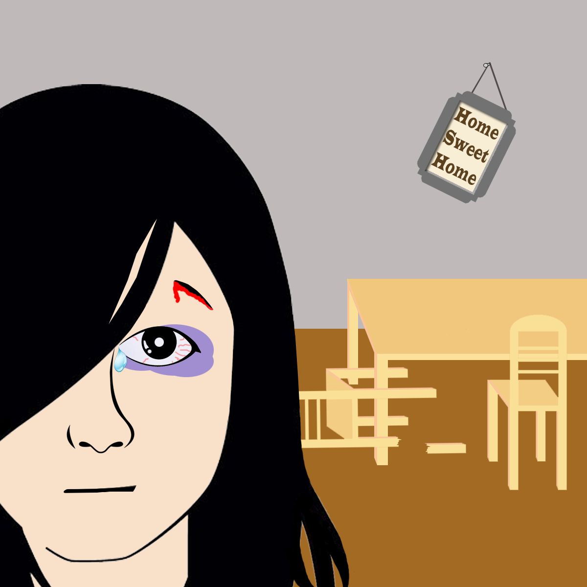 Graphic Illustration: A dark-haired, crying woman is looking at the viewer showing a black eye and a cut above her brow. In the background, a chair lays on the ground by a table with one of its legs broken off. The wall displays a crooked picture reading, “Home Sweet Home.” Graphic illustrated by The Signal reporter Sarah Wylie.