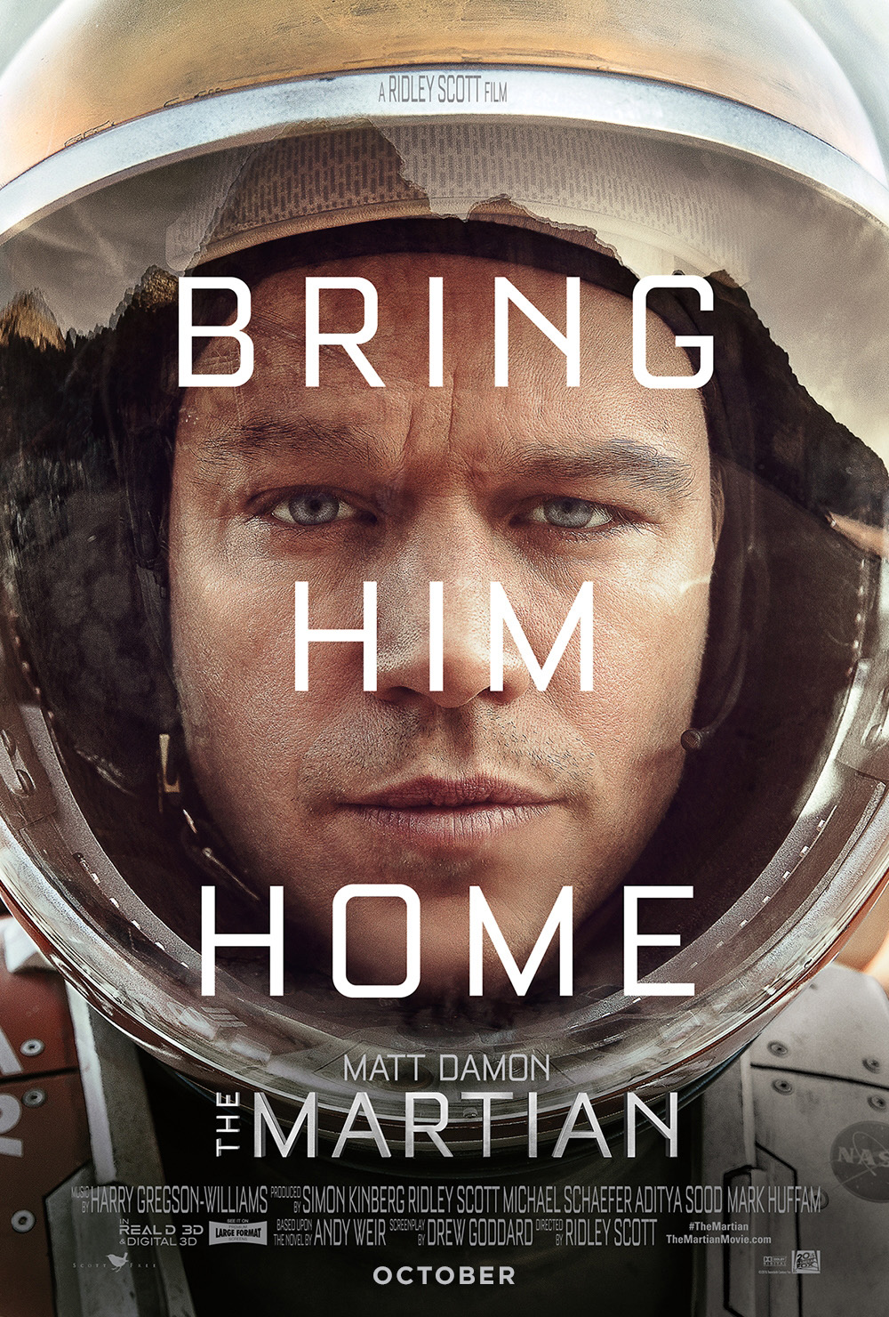 Photo: The Martian movie poster features the tag line, “bring him home,” with star Matt Damon’s face prominently displayed. Photo courtesy of 20th Century Fox.