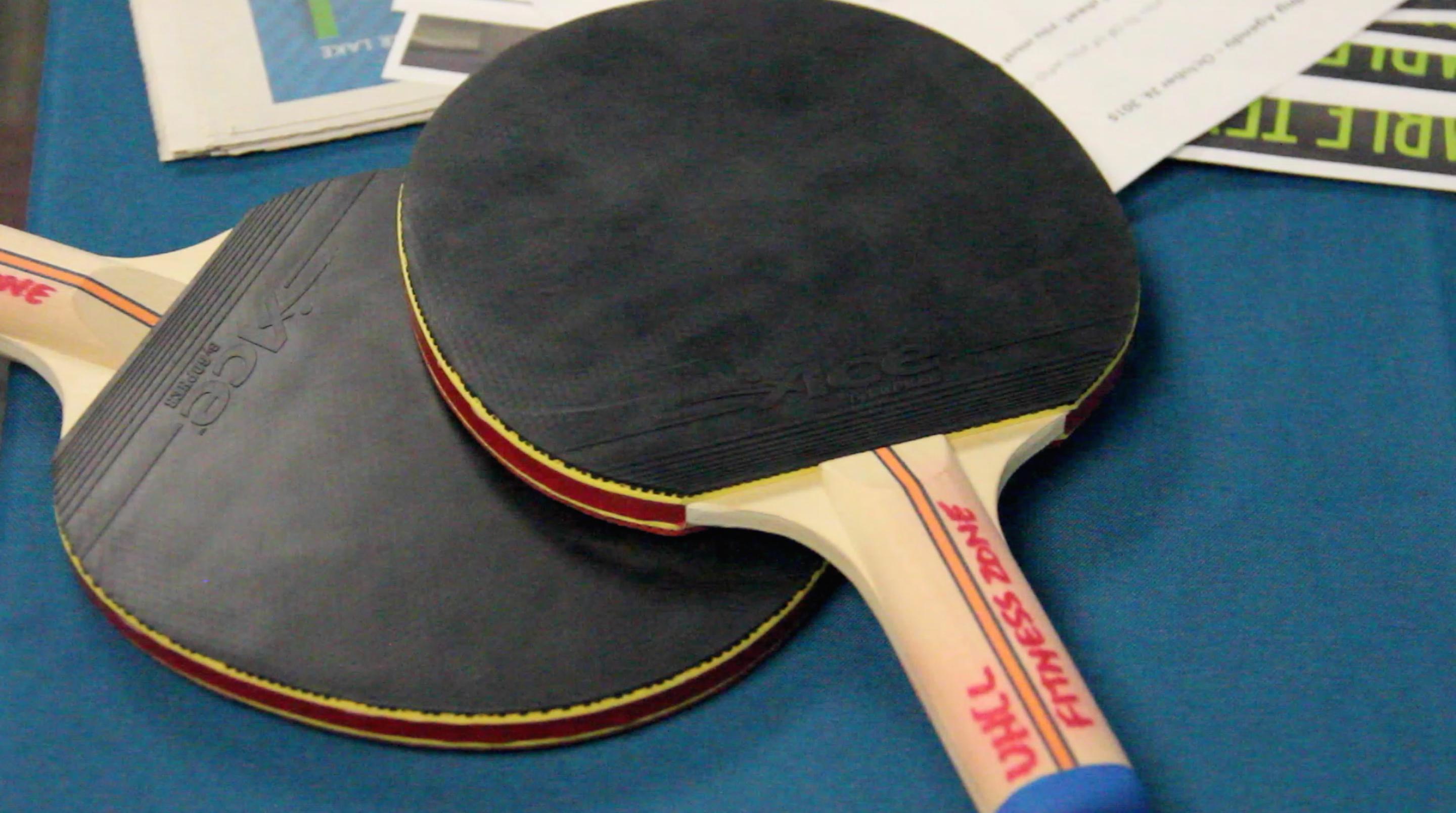 Image: Two table tennis paddles sit against a blue background. Photo by The Signal reporter Kyle Harrison.
