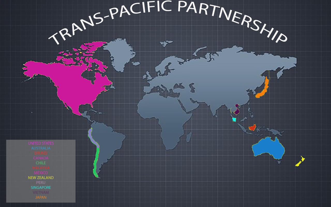 Image: Trans-Pacific Partnership. World map with the highlighted countries that are participating. Graphic created by The Signal reporter Alexandria Smith.
