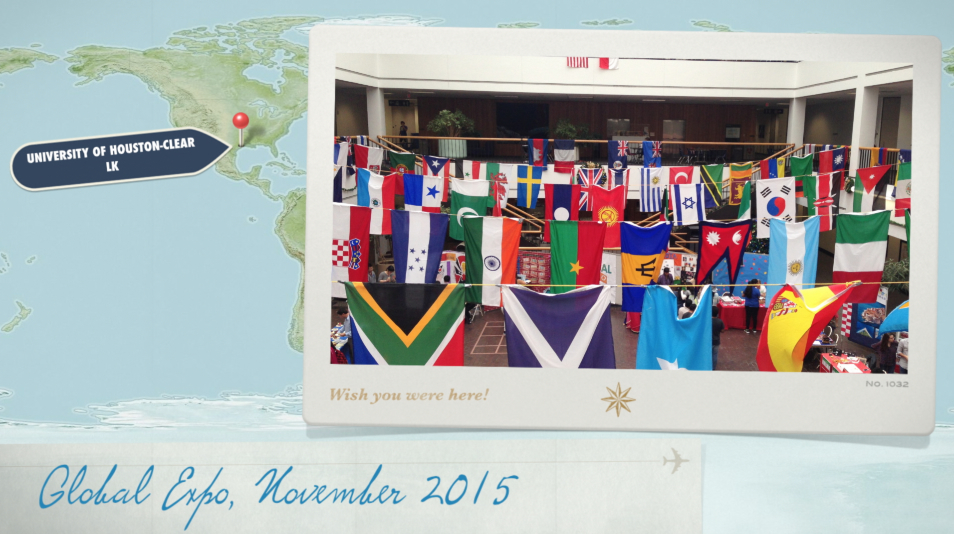 Flags of the world hang in Atrium II representing the diverse culture of UHCL.