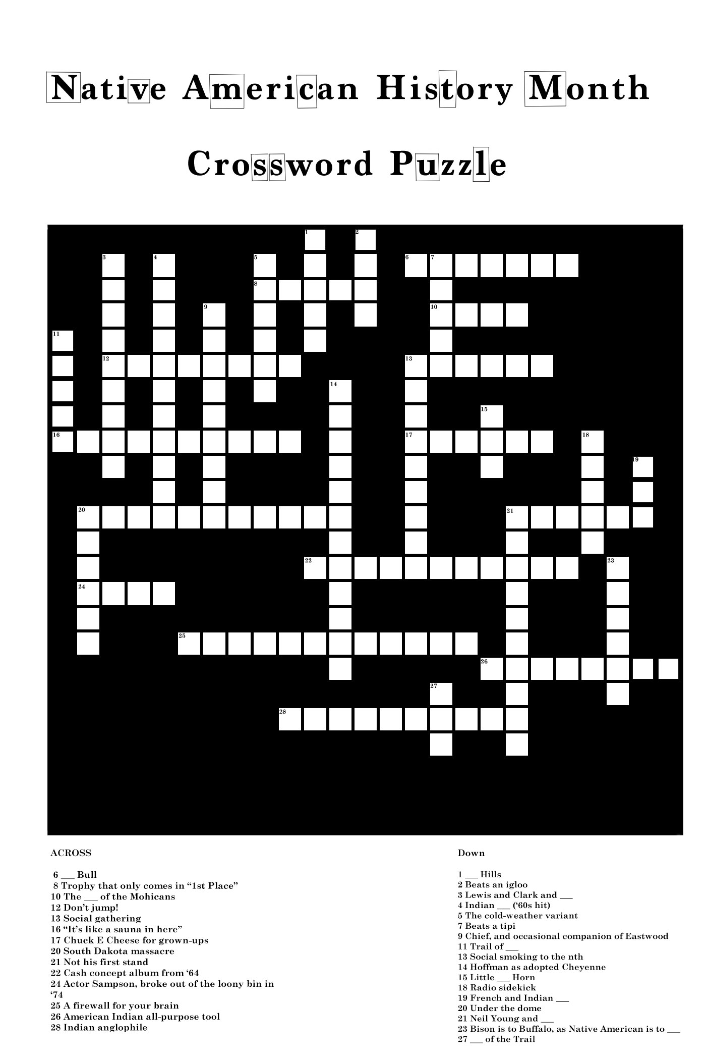 Crossword puzzle image: A crossword puzzle for Native American History Month. Graphic created by The Signal reporter Hunter Lanier.