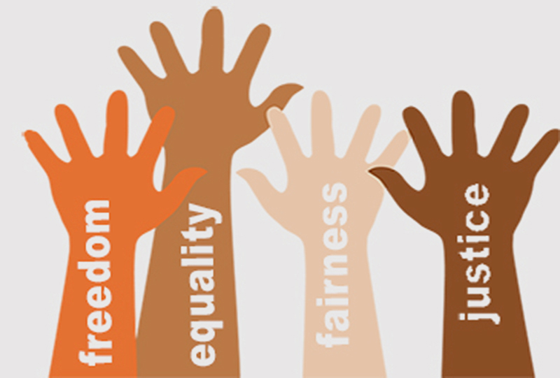 Graphic: Four hands are raised with different words on them: freedom, equality, fairness, justice. Unite against racism. Image courtesy of YWCA Spokane.