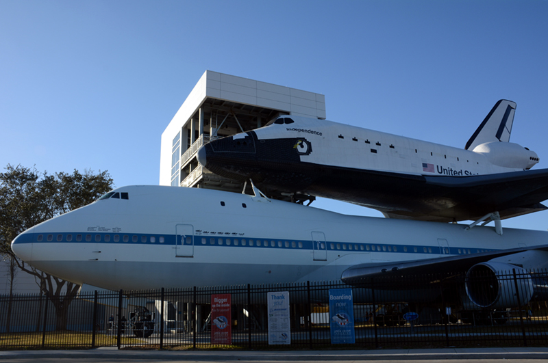 Photo: The shuttle replica Independence is mounted on shuttle carrier aircraft NASA 905 at Independence Plaza at Space Center Houston. Photo by The Signal reporter Cristina González