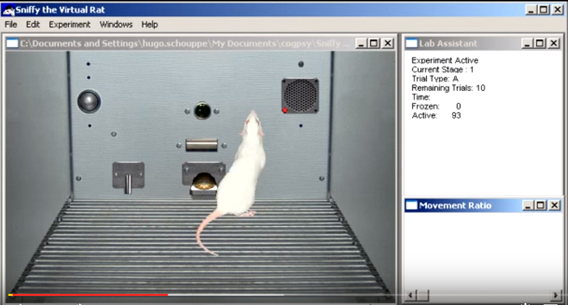 Simulation of "Sniffy the Virtual Rat" in an operant conditioning chamber. Photo courtesy of Hugo Schouppe youtube video.