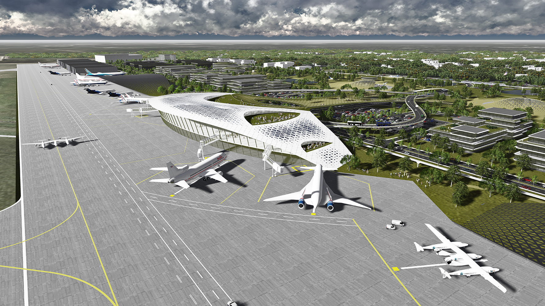 Aerial-view rendering of Ellington Airport's future spaceport. Photo courtesy of Ellington Airport, http://www.fly2houston.com/SpaceportGallery