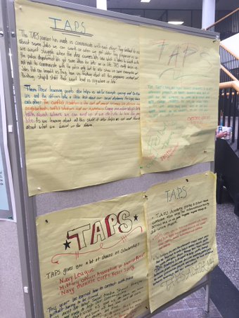 Posters describing student's time in TAPS Academy. Photo by The Signal reporter Casey Corbell