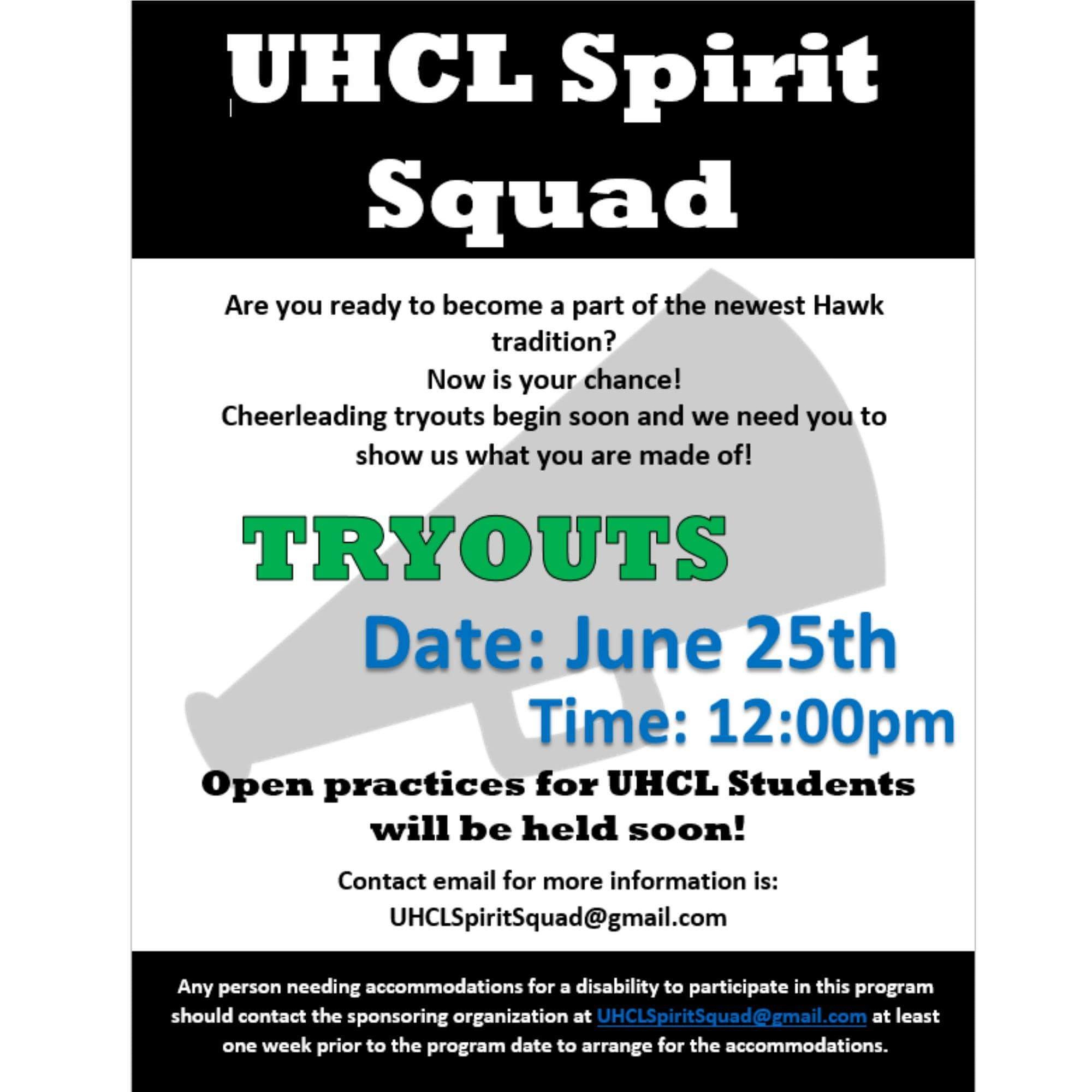 IMAGE: Cheerleading tryouts flyer courtesy of UHCL spirit squad.