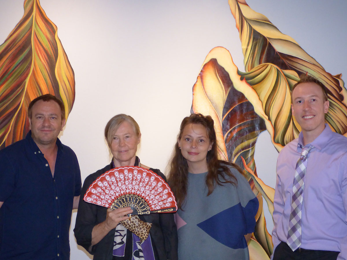 FROM LEFT: Keith Couser, Loudhailer Gallery, Los Angeles, represents Faith; Faith Wilding, artist; Shannon Stratton, Chief curator of Museum of Arts and Design, New York; Jeff Bowen, UHCL Art Gallery coordinator of audience development; at the the opening reception of Faith Wilding: Fearful Symmetries