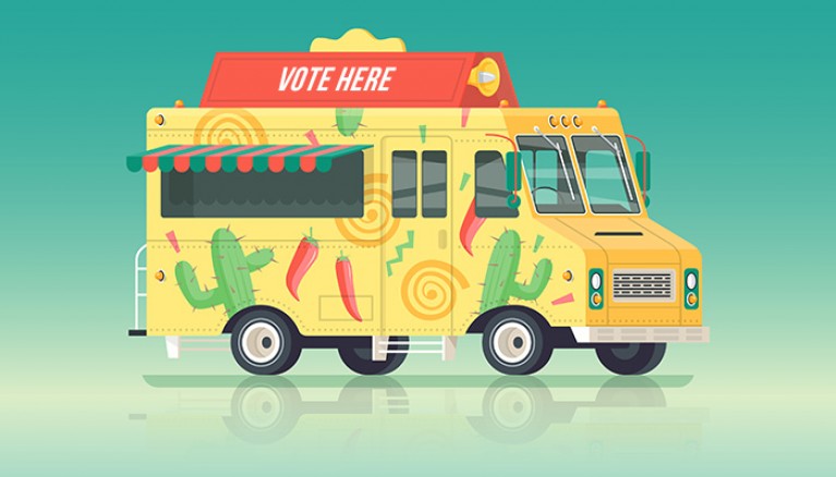 GRAPHIC: Graphic of a taco truck with a "vote here" sign on top of the roof. Photo courtesy of Latina.com
