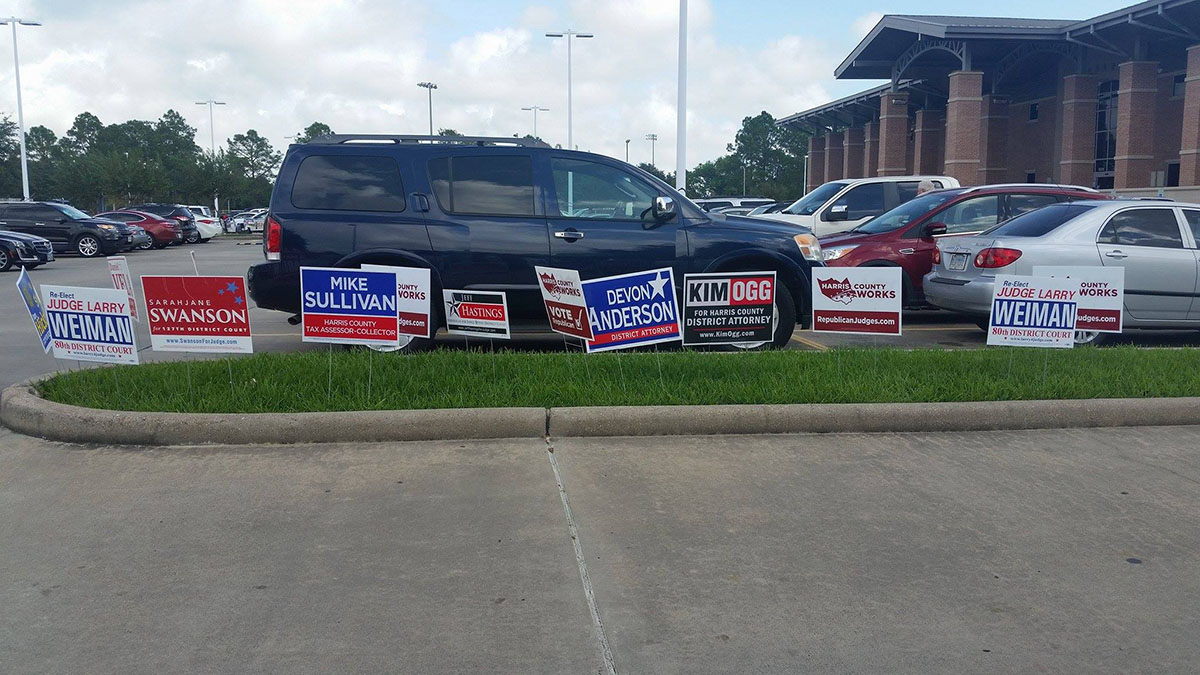 Photo: Election signs for local candidates at Clear Lake City-County Freeman Branch Library. Photo by The Signal reporter Jeremy Gingrich