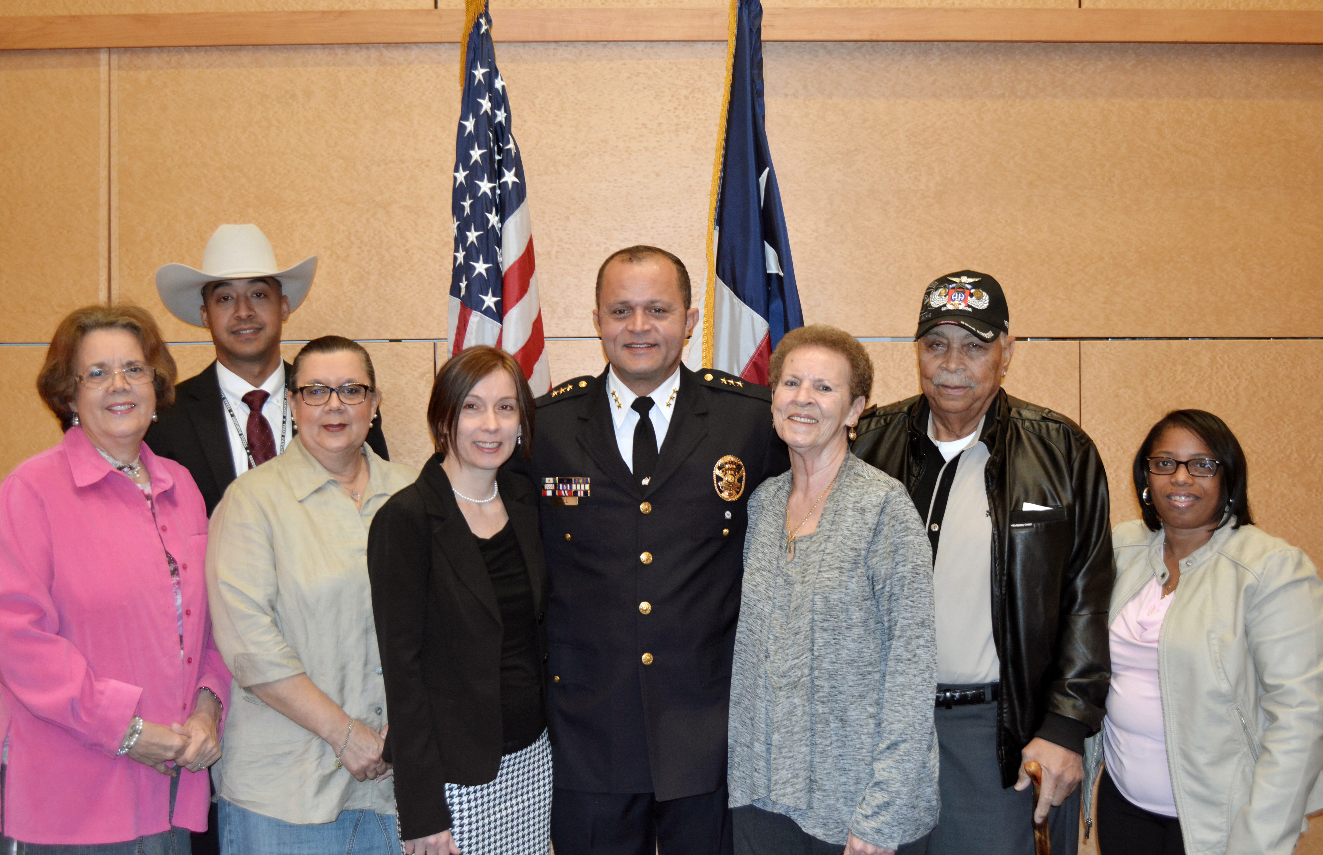 Photo: Hill, center, was joined in the celebration by his family (from left) his aunts, Mary Knox and Francine Sparrow; his cousin, Texas Ranger James Wilkins; his wife, Eva Lanczos Hill; his parents, Clarence and Edna Hill and his sister, Catherine Hill. Photo courtesy of Jim Townsend.