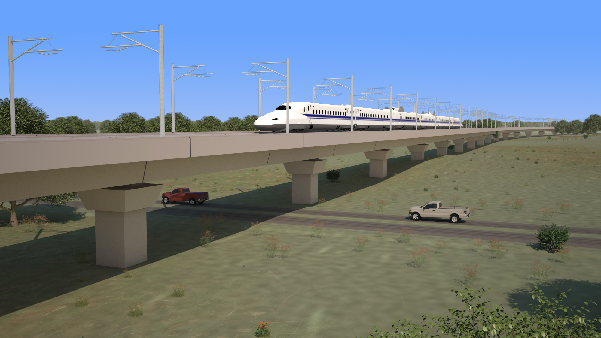 PHOTO: Houston/Dallas rural viaduct and high-speed train. Photo courtesy of Texas Central Partners