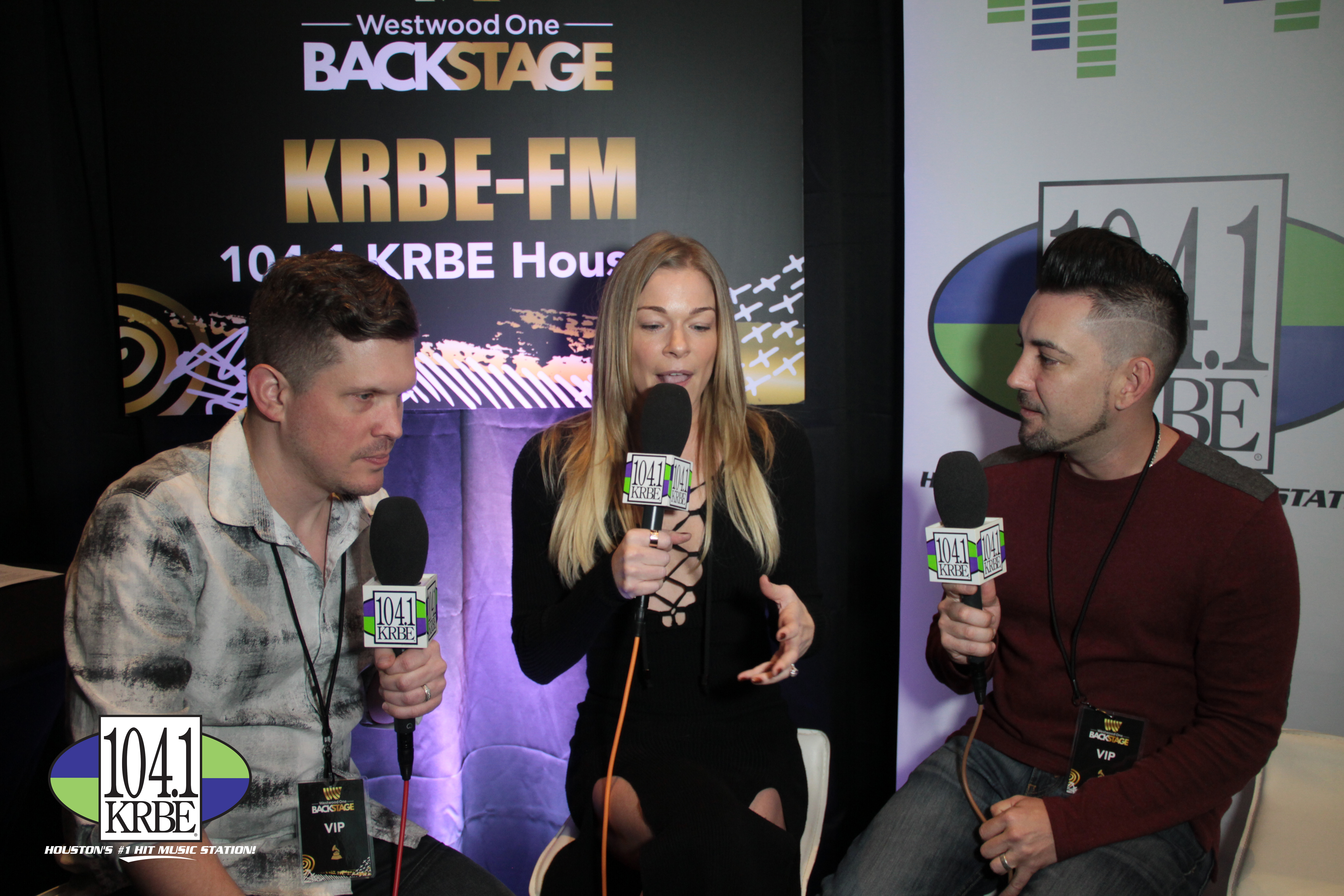 PHOTO: 104.1 KRBE DJ's Special K and Kevin Quinn interview LeAnn Rimes on Radio Row. Photo courtesy of E.J. Santillan and 104.1 KRBE.