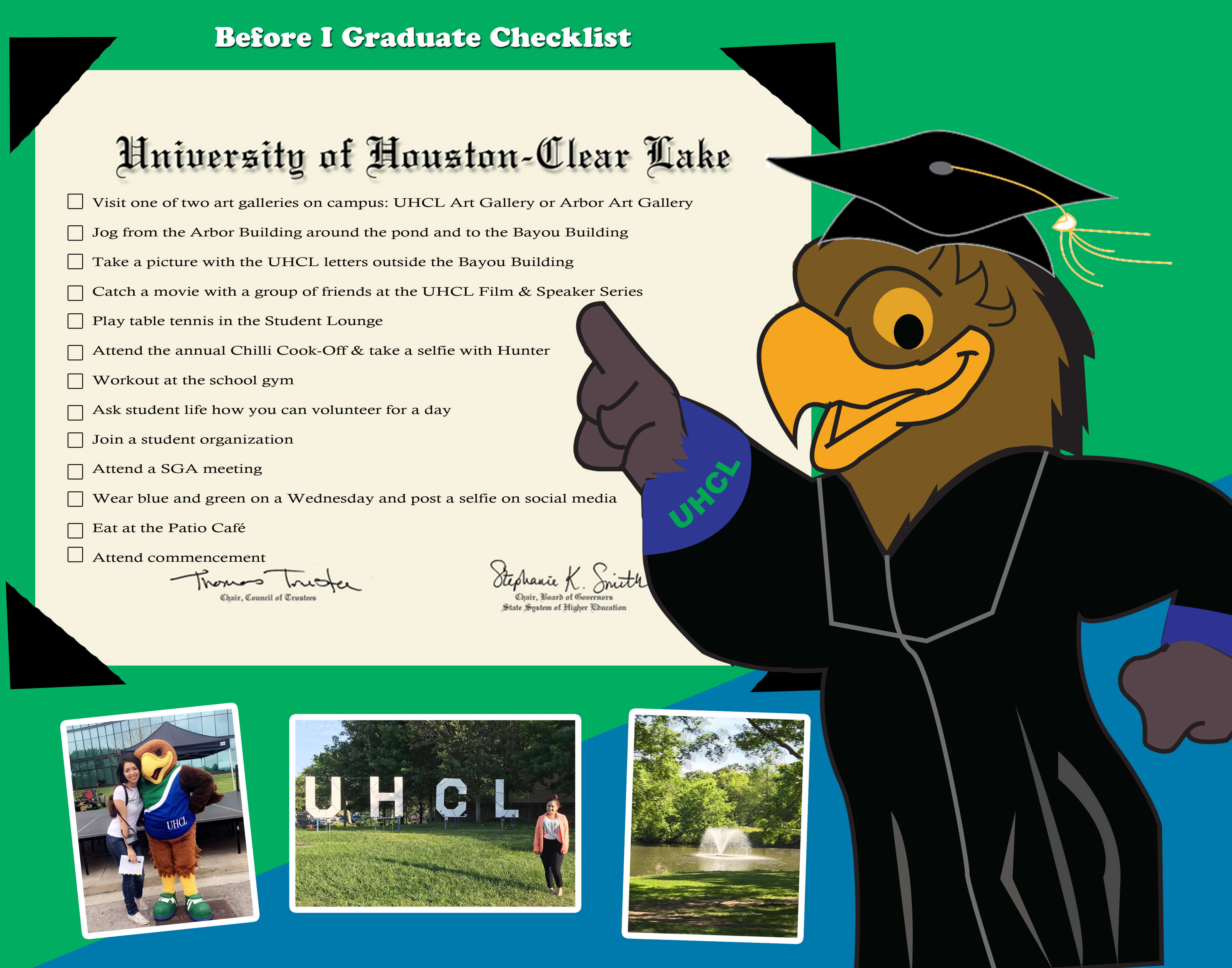 GRAPHIC: There is so much to do as a UHCL student, getting things done off this checklist is not even half of all the fun activities UHCL offers. Graphic by The Signal reporter Yasmeen Gomez.