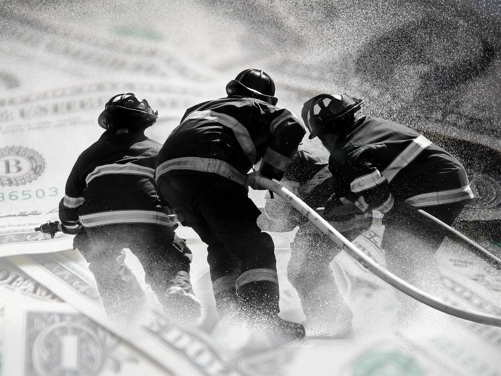 IMAGE: Four firefighters are pictured over a background of dollar bills. Image edited by The Signal online editor, Krista Kamp.