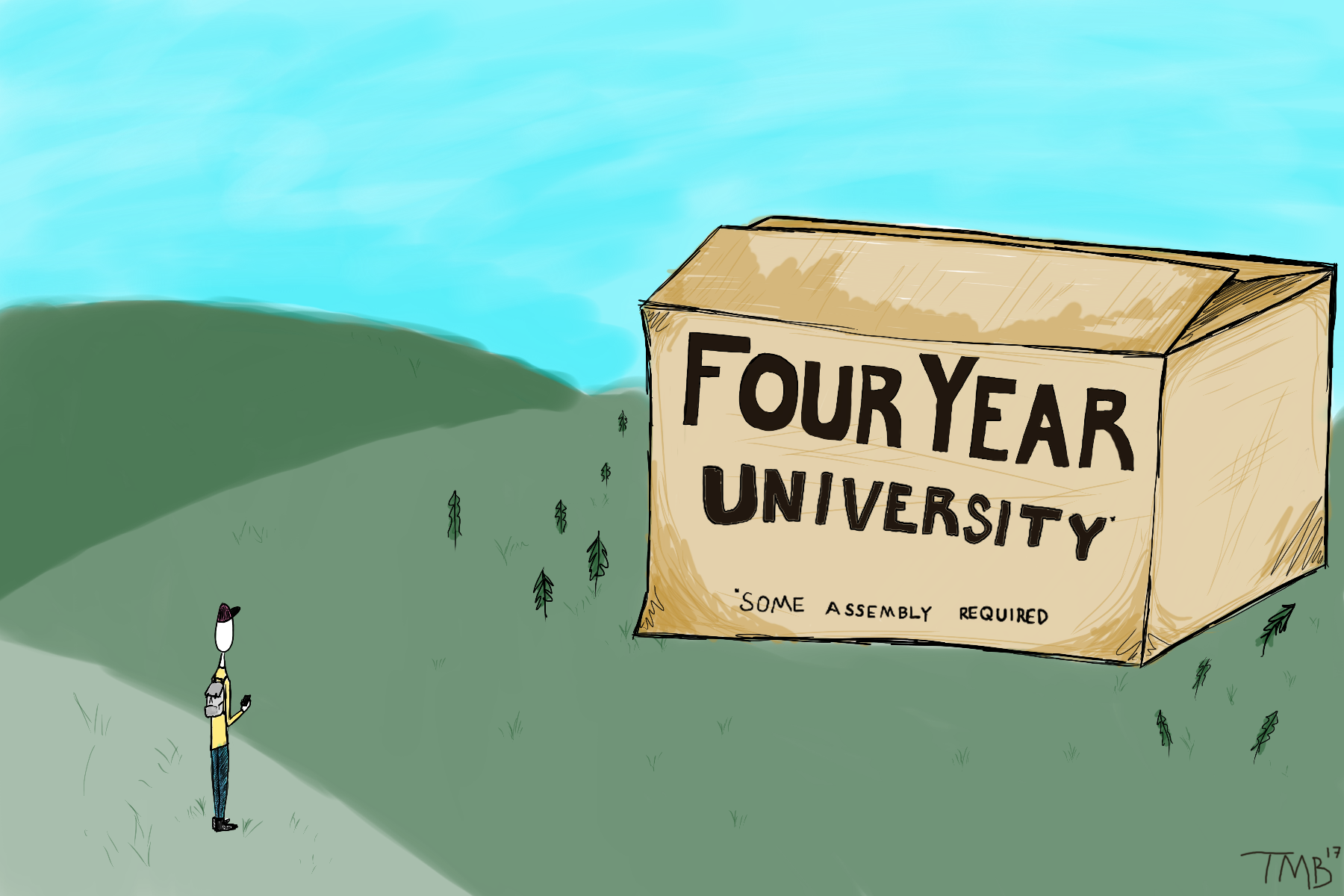 GRAPHIC: A cartoon of a student on a hill looking at a large cardboard box with the words "Four Year University *some assembly required" printed on the front. Cartoon by The Signal reporter Trey Blakely.