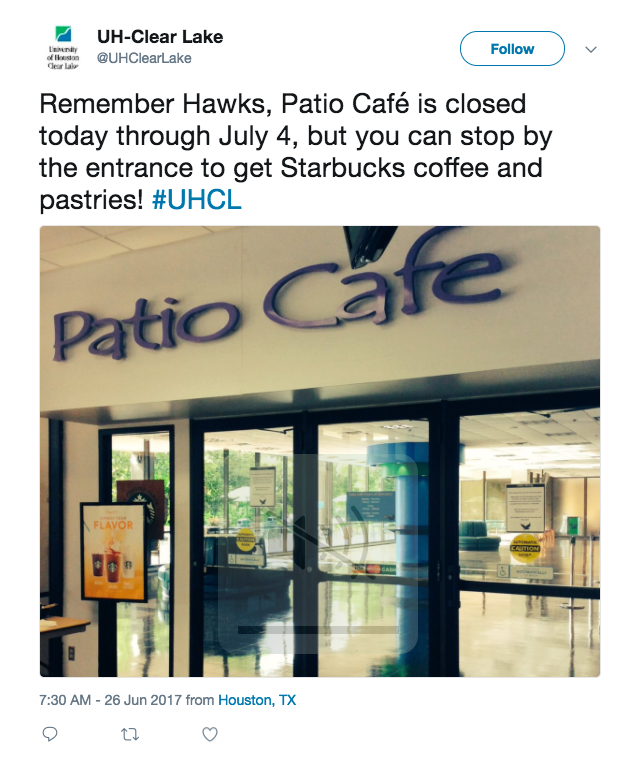 Tweet from UHCL about Patio Café being closed. Image courtesy of UHCL's Twitter page.