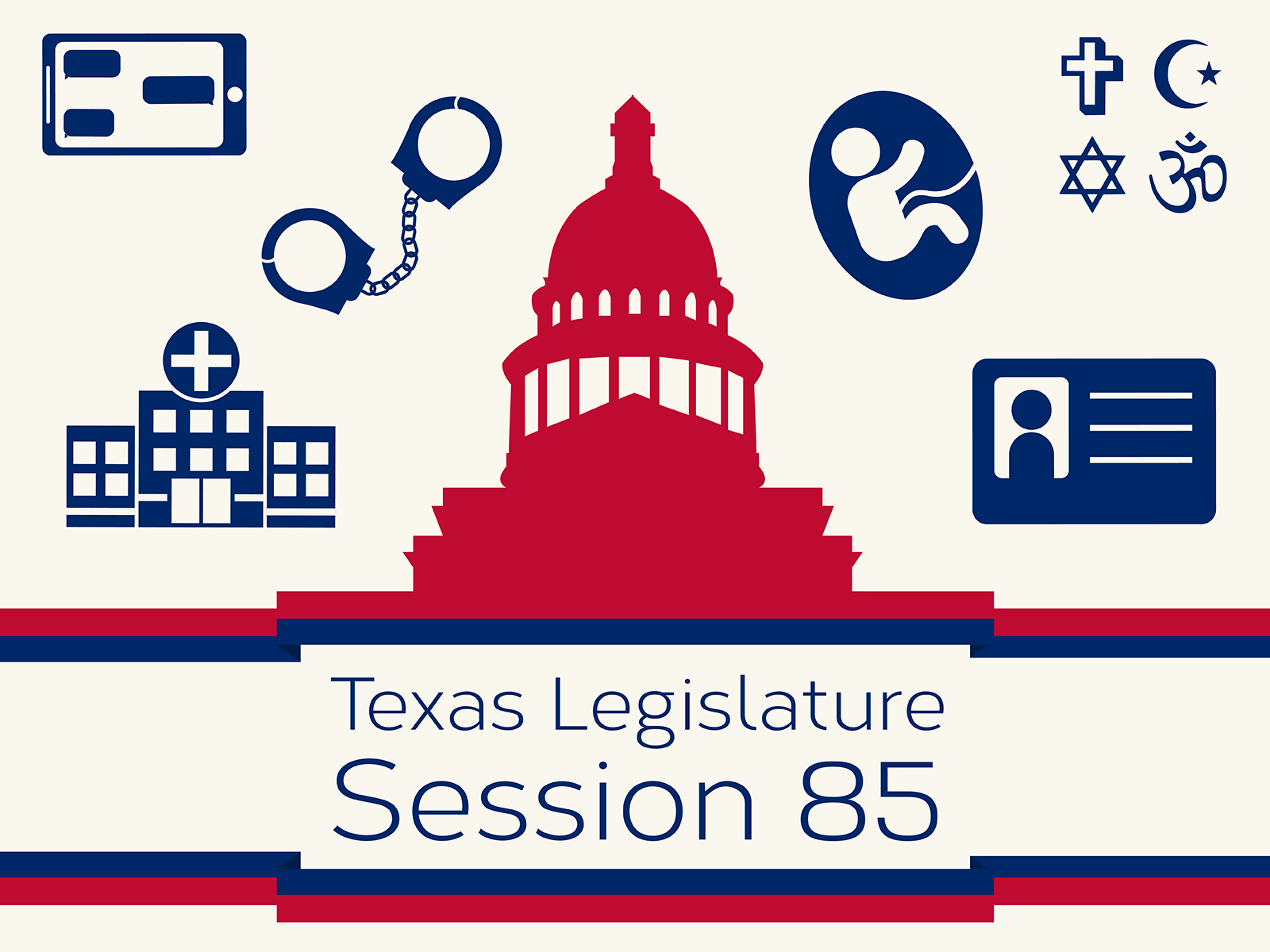 GRAPHIC: A silhouette of the Texas capitol building is surrounded by vector images representing some of the topics of the 85th session of the Texas Legislature. Graphic by The Signal online editor, Krista Kamp.