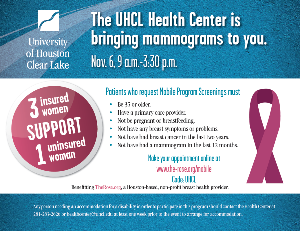PHOTO: Informational flyer for UHCL Health Services' breast cancer screening event. Photo courtesy of UHCL Health Services Department.