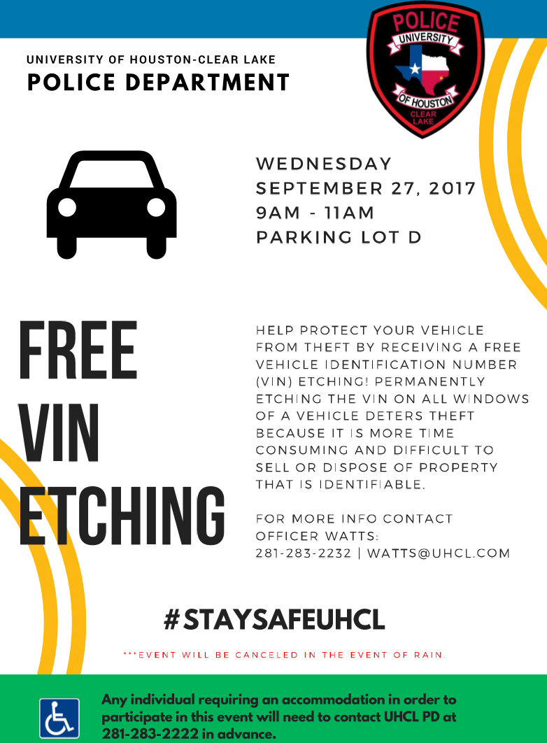 PHOTO: UHCL Police Department offers free vin etching on Sept. 27 from 9 a.m. - 11 a.m. Photo courtesy of UHCL Police Department.