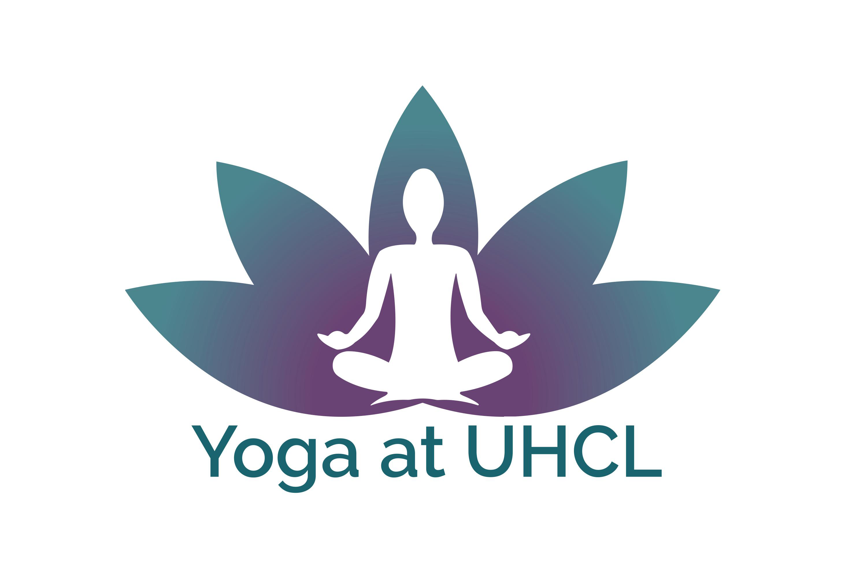Graphic shows a silhouette of a person sitting in the lotus yoga pose in front of a lotus flower. Underneath the lotus is the words yoga at UHCL.