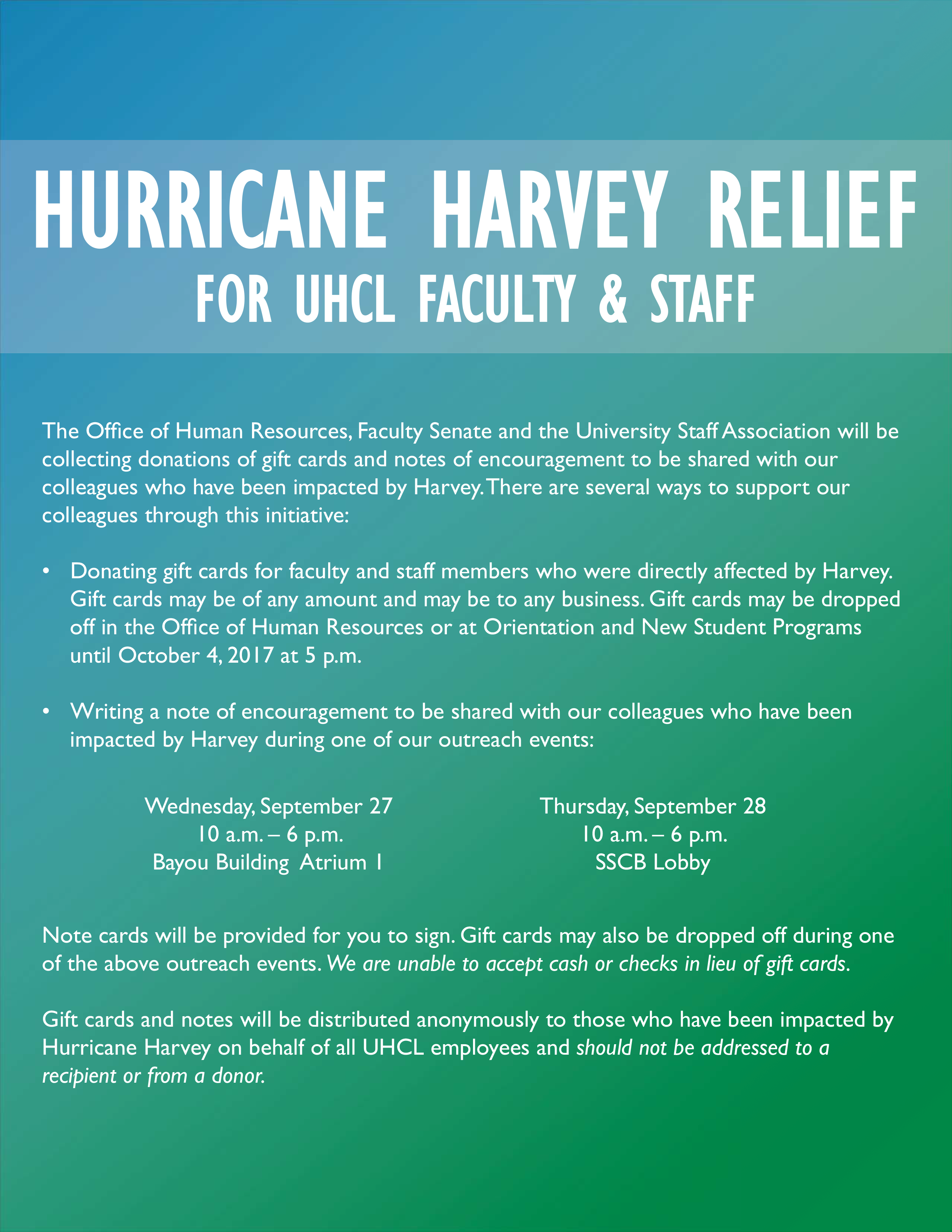 PHOTO: Informational flyer for UHCL employee Hurricane Harvey relief. Photo courtesy of the Office of Human Resources, Faculty Senate and the University Staff Association.