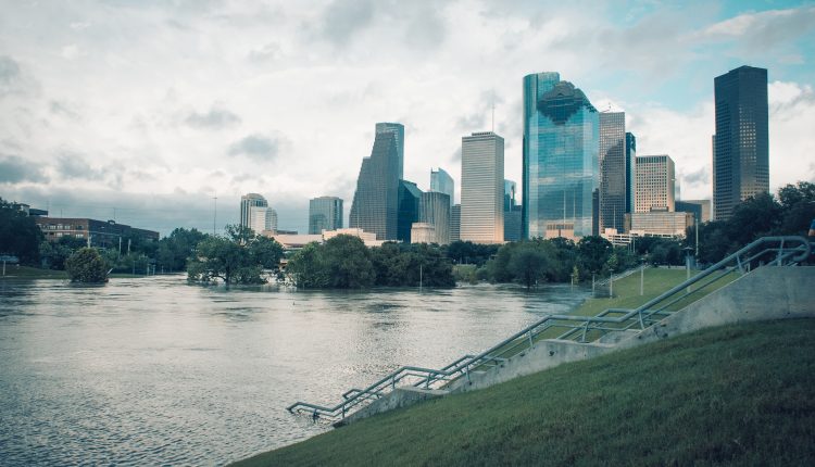 PHOTO: Buffalo Bayou Park submerged in Hurricane Harvey flood waters in downtown Houston, TX. Photo by Audience Engagement Coordinator Regan Bjerkeli.