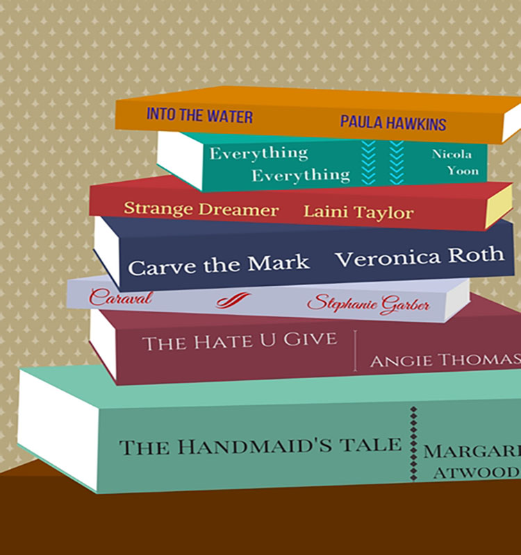 Graphic shows stacked books from bottom to top as following: "Handmaid's Tale" by Margaret Atwood, "The Hate U Give" by Angie Thomas, "Caraval" by Stephanie Garber, "Carve the Mark" by Veronica Roth, "Strange Dreamer" by Laini  Taylor, "Everything Everything" by Nicola Yoon and "Into the Water" by Paula Hawkins. Graphic by The Signal reporter, Jasmine Coney.