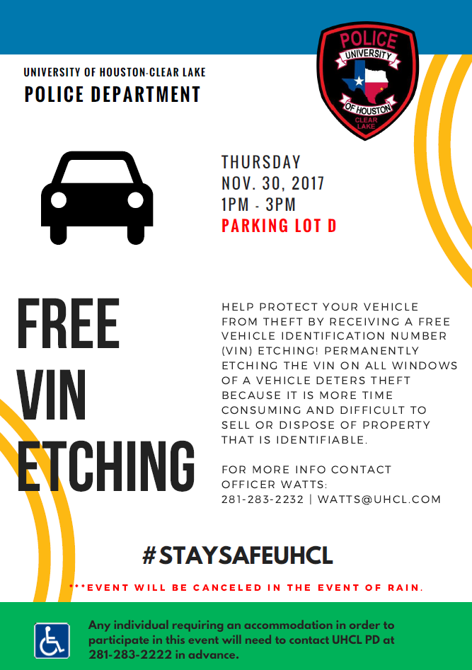 PHOTO: UHCL Police Department offers free vin etching on Nov. 30 from 1 p.m. - 3 p.m. Photo courtesy of UHCL Police Department.
