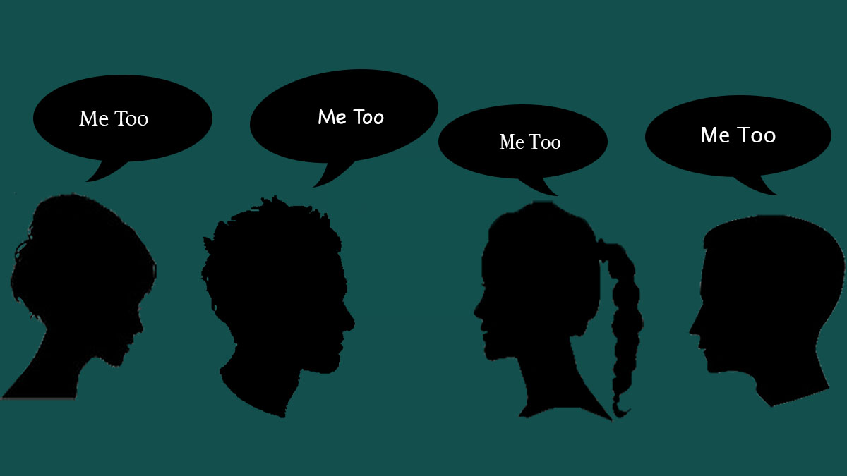 GRAPHIC: Four silhouettes in black accompanied by text bubbles above each figures head with the words 'me too' written inside each text bubble. Me Too graphic created by The Signal reporter Jasmine Coney
