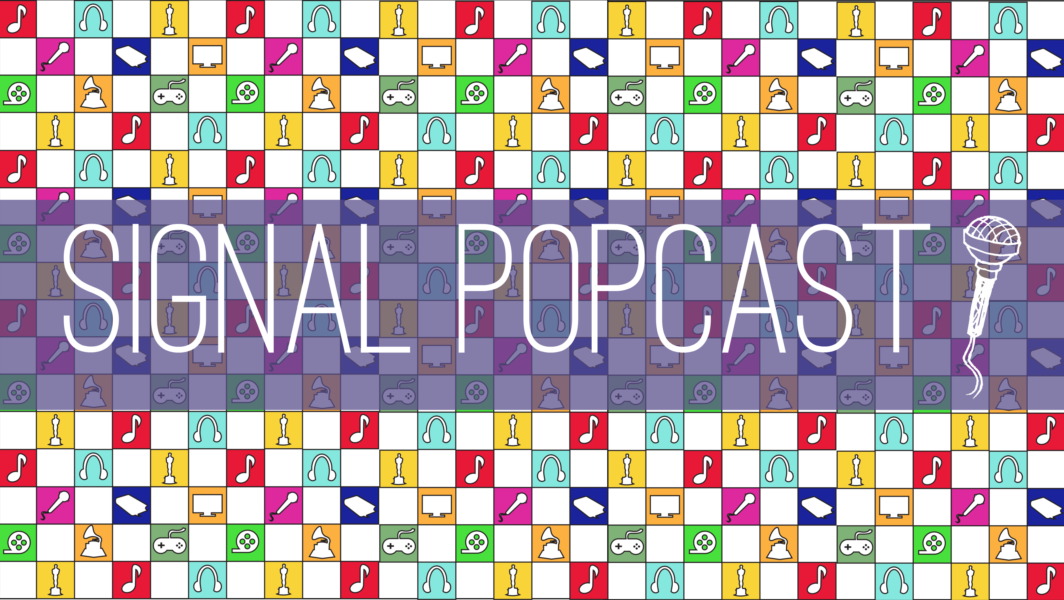 IMAGE: Signal PopCast text over multi-colored, checkered background. Signal PopCast is a UHCL student-run entertainment podcast. Producers Katherine Rodriguez and Alyssa Shotwell talk pop culture, music, movies and the best events out and about the Houston area. Graphic by The Signal Online Editor Alyssa Shotwell.