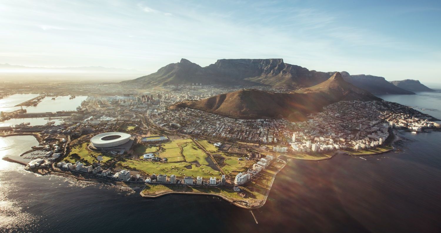 An aerial view of Cape Town highlighting the unusable water surrounding the city.