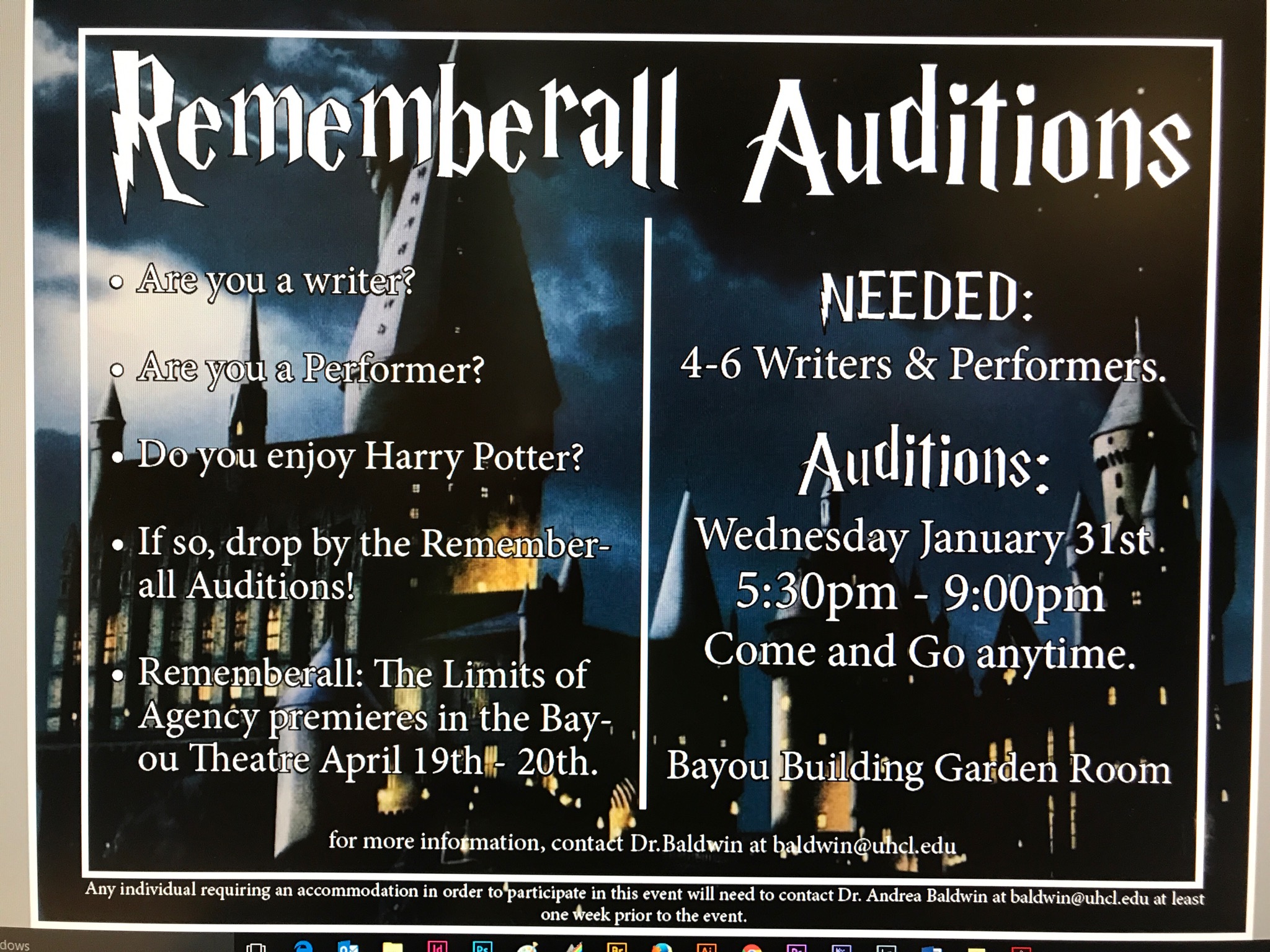GRAPHIC: A flyer for the Rememberall auditions held Jan. 31. Photo courtesy of Andrea Baldwin, lecturer in communication.