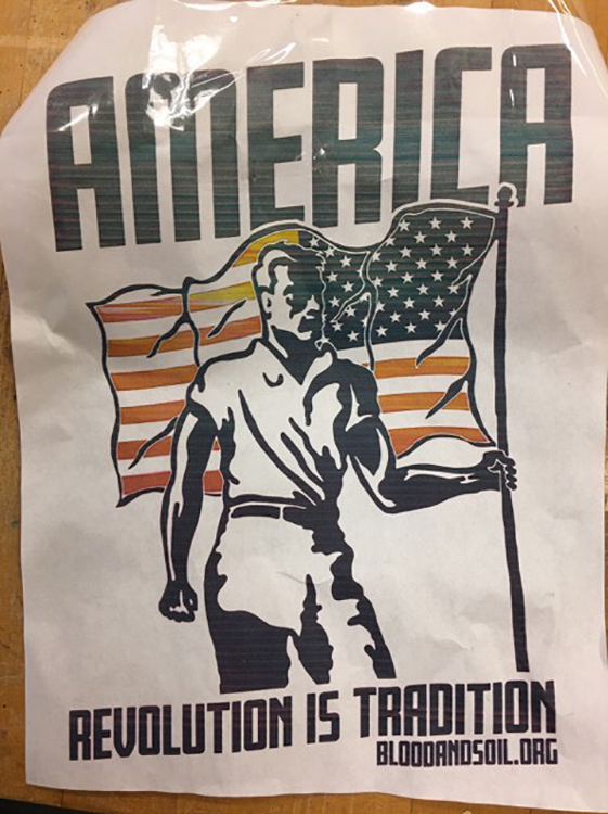 PHOTO: "Blood and Soil" flyer found near Arbor North. Photo courtesy of Dawn Hailey.