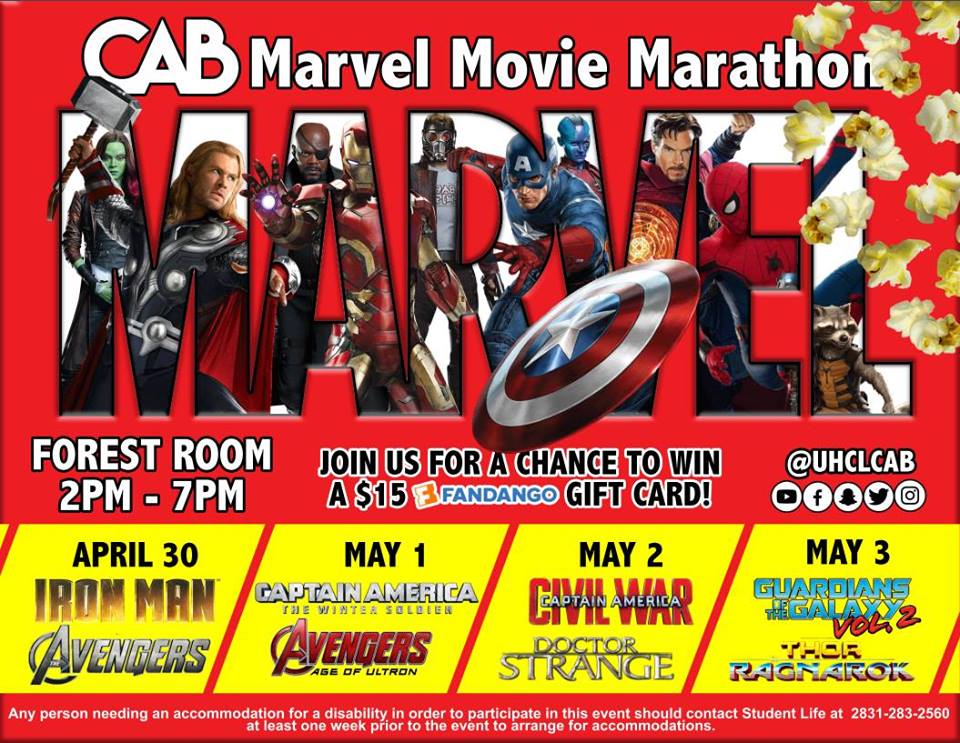 Campus Activities Board flyer for Marvel Movie Marathon April 30-May 3. Flyer courtesy of Campus Activities Board Facebook.