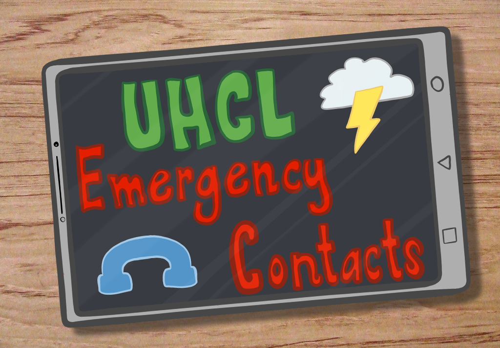 GRAPHIC: Graphic showing emergency contacts that the UHCL community will need. Illustration created by Online Editor Alyssa Shotwell.