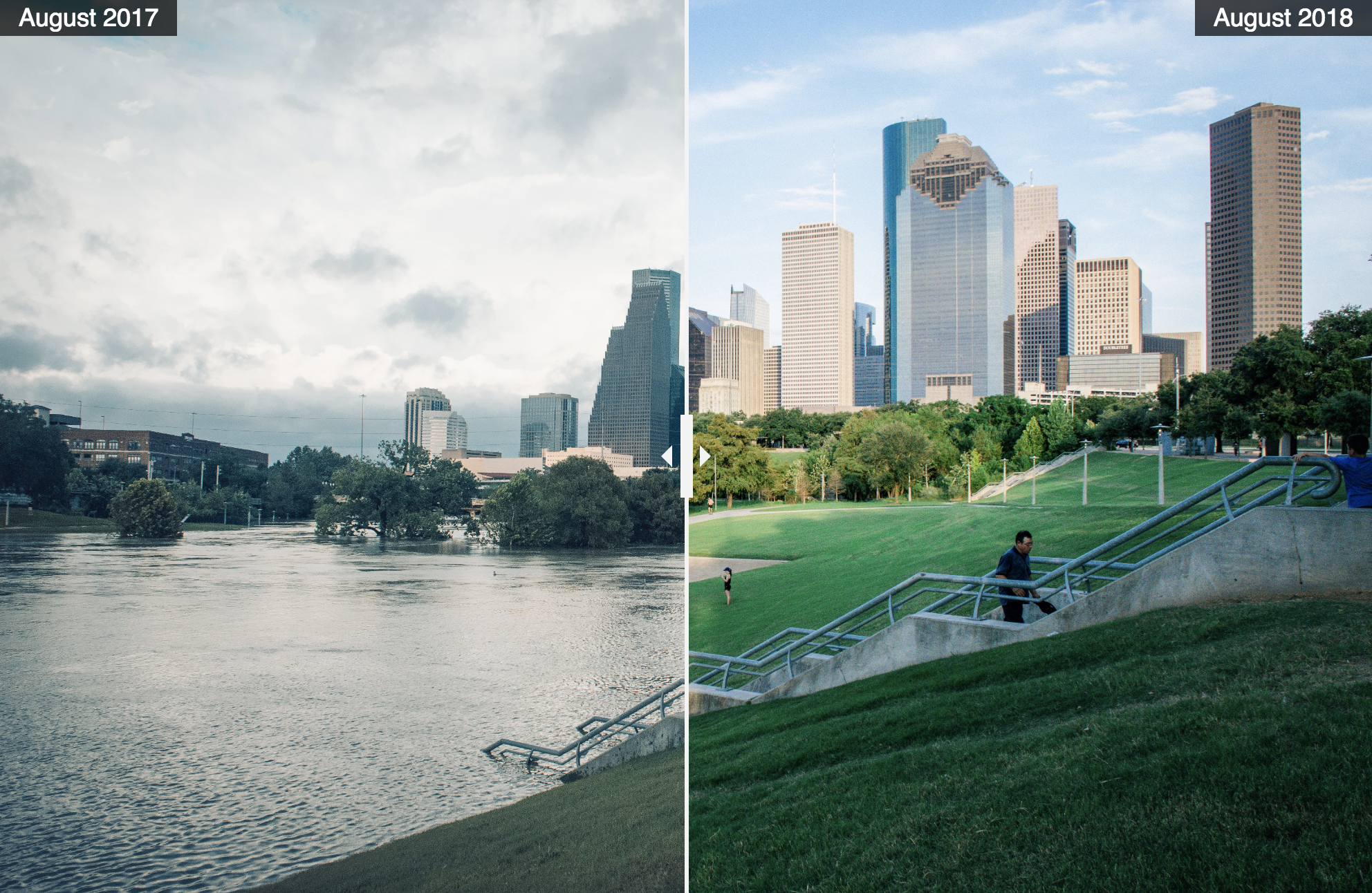 PHOTO: Hurricane Harvey before and after at Buffalo Bayou Park in downtown Houston, TX. Photo by Regan Bjerkeli.