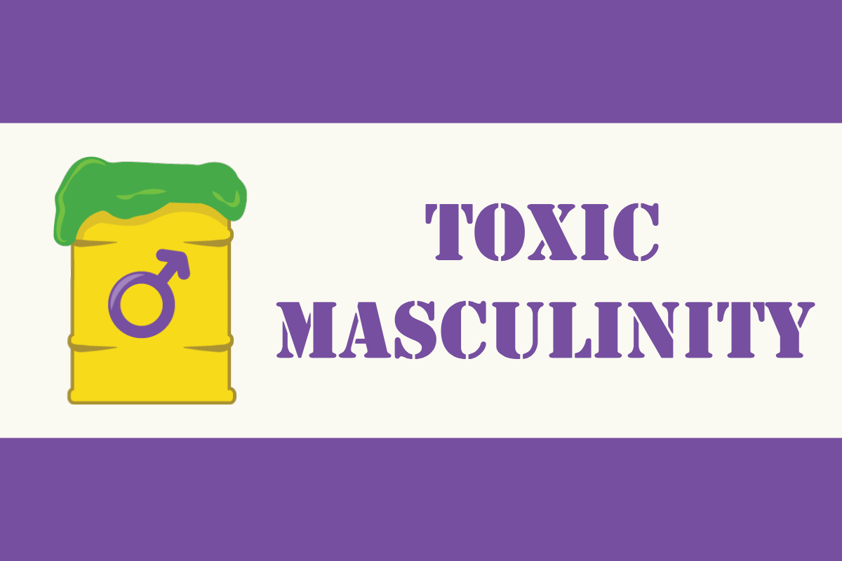GRAPHIC: Toxic masculinity depicted as a toxic waste container with the male symbol featured. This graphic contains a bright yellow toxic waste container with the male symbol featured prominently and bright green sludge spilling over the top. Graphic created by Sarah Doody.