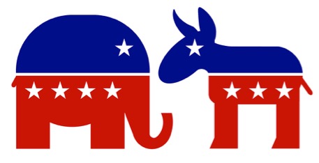PHOTO: Republican vs Democrats debates. The following shows the symbols of the Democratic (Donkey) and Republican (elephant) parties.