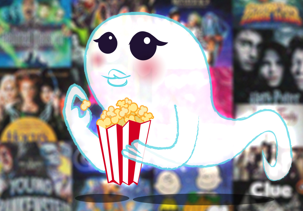 GRAPHIC: Cute ghost eating popcorn in front of a collage of 13 fun October movies. Graphic created by The Signal Online Editor Alyssa Shotwell.