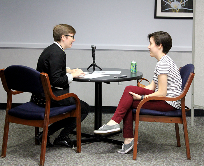 Anne Gessler interviews her student for UHCL Hawk Stories