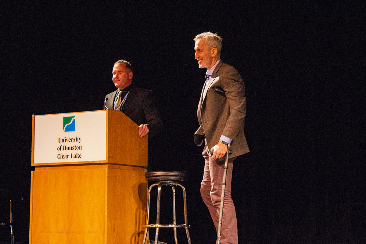PHOTO: William Amonette and Gary Taubes at the opening night of the Low Carb Houston Conference at UHCL's Bayou Theater.