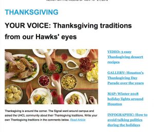 IMAGE: Crop of the email newsletter for Vol. 46, No. 33 - Nov. 19, 2018. To view and/or download the newsletter, visit https://uhclthesignal.com/newsletter/FA2018_Newsletter_PDFs/Thanksgiving_Issue_10_Nov_19_2018/Issue_10_Nov_19_2018.pdf.