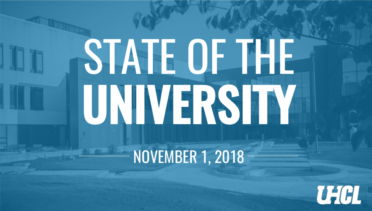 GRAPHIC: State of the University powerpoint title slide. Courtesy of UHCL.
