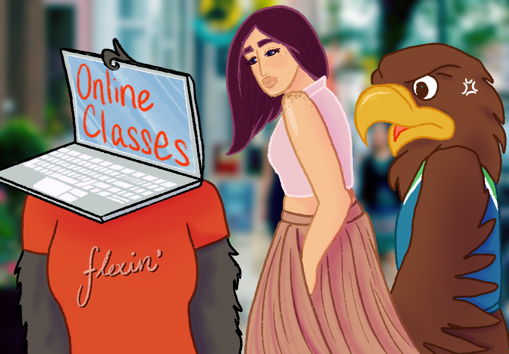 GRAPHIC: Potential student looking interested in taking an online or hybrid class. Hunter the Hawk, the UHCL mascot, looks frustrated and jealous. The graphic appropriates the "Distracted Boyfriend" meme which itself comes from an iStock image taken by Antonio Guillem. Graphic by Signal Online Editor Alyssa Shotwell.