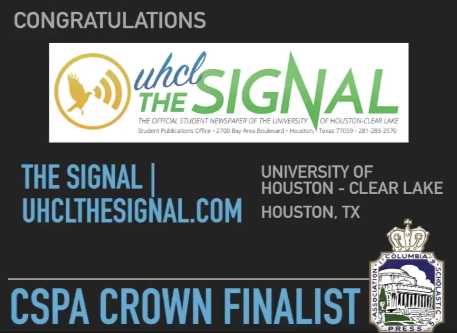 GRAPHIC: UHCL's The Signal is a 2019 CSPA Crown Award Finalist. Graphic courtesy of CSPA.